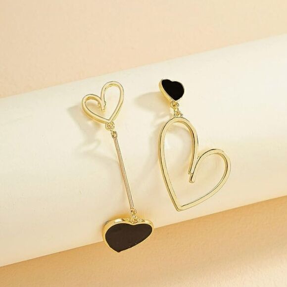 Four Hearts 10K Gold Plated Earrings Trendy Asymmetrical Lover Dangle Earrings - Picture 2 of 6